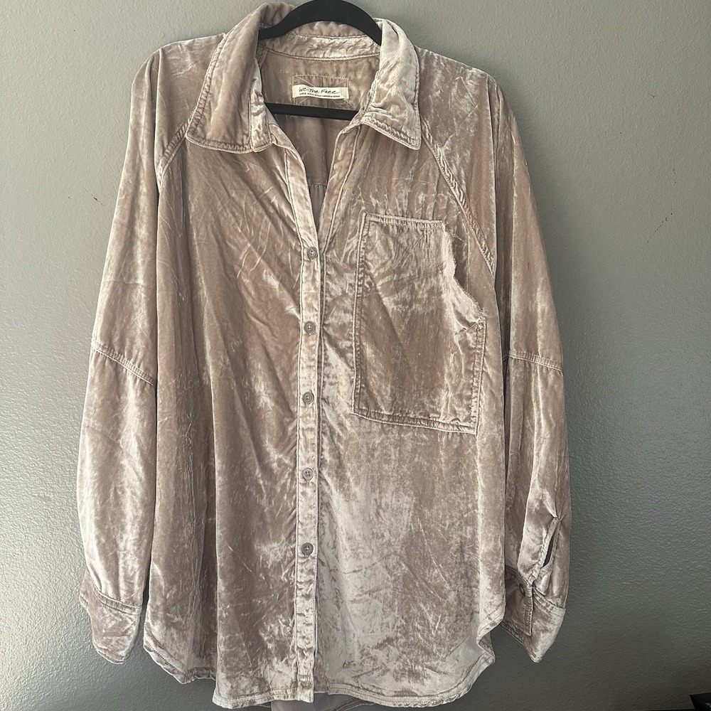 Free People Velvet Button-Down Shirt in Beige